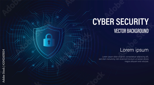 Image shows a glowing shield with a lock icon in a digital style on a dark tech background, symbolizing cyber protection and safety concept. Vector illustration