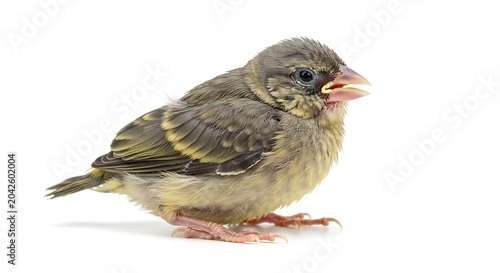 Tiny fluffy fledgling on crisp white background gently illuminated by soft studio light its beak eagerly open. AI Generated