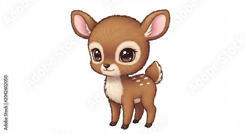 Adorable chibi style fawn illustration playfully stands captivating viewers with its large expressive eyes. AI Generated