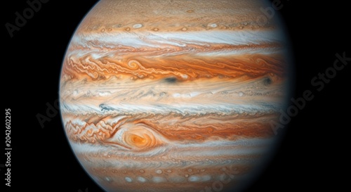 A photorealistic ultra-detailed 8k photograph of Jupiter taken in space showing its atmosphere and the Great Red Spot storm surrounded by rings and moons.