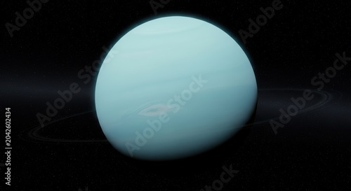 A photorealistic view of a distant planet with rings and swirling clouds in deep outer space against a dark background now