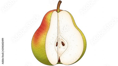 Vibrant green red pear fruit cut in half revealing seeds and core in detailed botanical illustration style. AI Generated