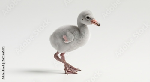 Softly lit little flamingo chick poses on a stark white background in a clean minimalist studio. AI Generated