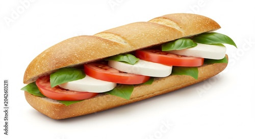 Appetizing caprese baguette sandwich brightly lit highlighting fresh basil juicy tomatoes and creamy mozzarella. AI Generated