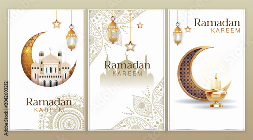 Photography Stylized Ramadan posters showing mosque silhouettes, golden crescents, lanterns and ornaments in elegant graphic style on light background, symbolizing festive spirituality