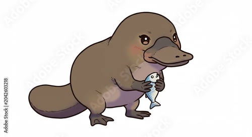 Adorable cartoon platypus gently clutching a small fish in its paws against a bright white background minimalist illustration. AI Generated