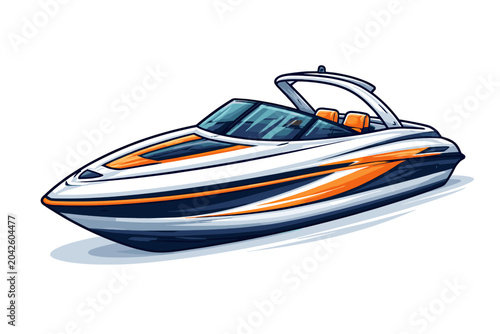 Obraz na plátně A sleek, modern speedboat with orange and white accents, designed for speed and water sports, captured in a dynamic illustration