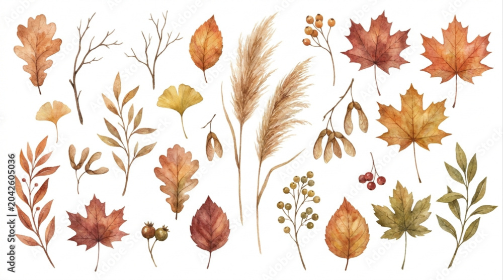 Fototapeta premium Beautiful collection of autumn leaves and foliage with delicate branches, perfect for seasonal designs