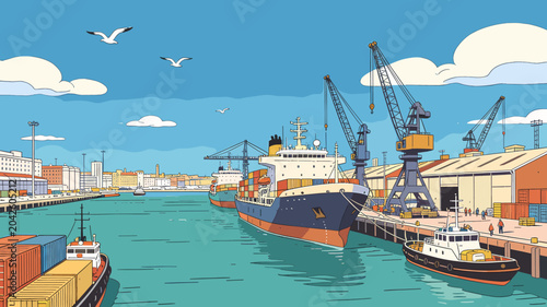 Obraz na plátne A bustling harbor scene with large cargo ships being loaded and unloaded by cranes, with smaller boats and seagulls in the water under a clear blue sky