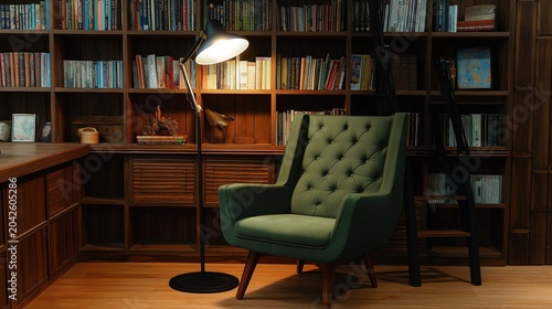 Cozy home reading corner with armchair and bookshelf