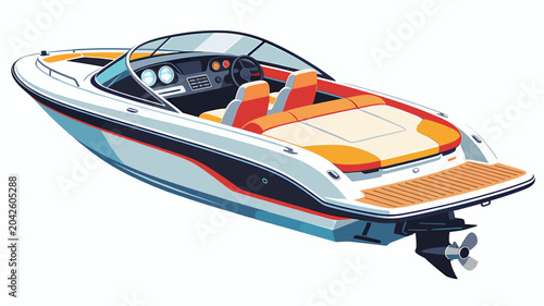 Slika na platnu A sleek, modern white speed boat with orange and black accents, featuring a windshield, two-tone seats, and a visible outboard motor and propeller