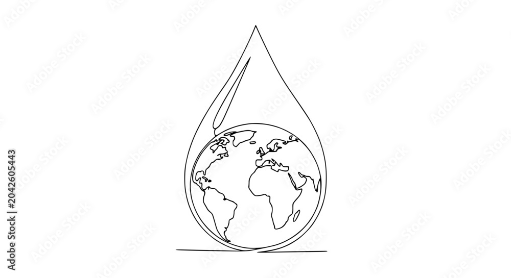 Fototapeta premium Single Line Drawing of Earth Inside Water Drop, Global Conservation Concept