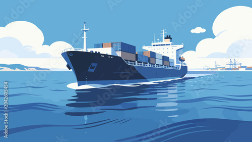 Bild auf Leinwand A large cargo ship carrying numerous containers sails across a calm blue ocean under a bright sky with fluffy white clouds