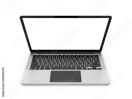 Modern silver laptop computer with blank screen isolated on white background