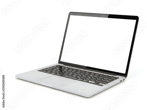Modern silver laptop computer with empty screen isolated on white background