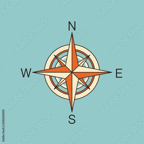 Vintage Compass Rose Navigation Tool on Blue Background