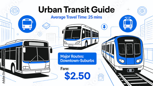 Tableau sur toile Urban Transit Guide illustrating bus and train services with average travel time and fare information