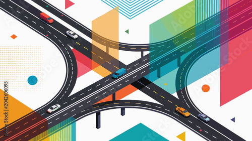 Quadro su tela Abstract illustration of a complex highway interchange with colorful geometric shapes and cars in motion