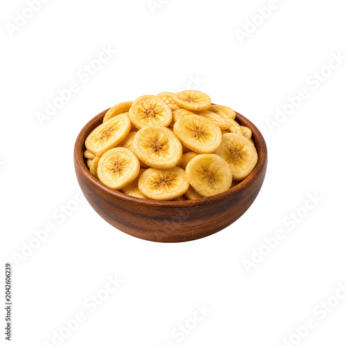 Crispy banana chips in wooden bowl isolated healthy tropical snack food for crunchy nutrition concept