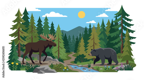 Photography Moose and Bear in Forest Landscape