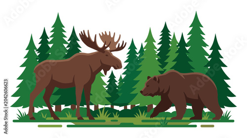 Foto Moose and Bear in Forest - Wildlife Encounter