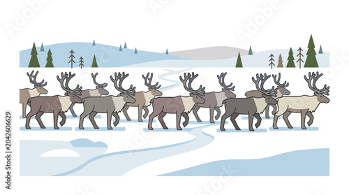 Photography Reindeer Herd Walking in Snowy Landscape with Trees