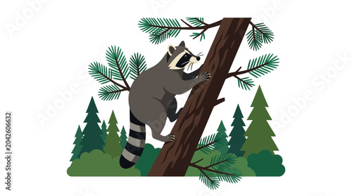 Raccoon Climbing Tree in Forest Illustration
