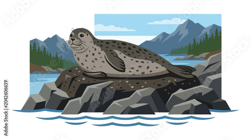 Seal resting on rocky shore with mountains and ocean background