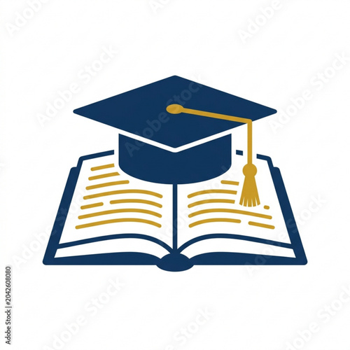 Graduation cap sits on open book with gold tassel and lines on pages symbolizing education and learning
