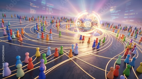 Global Digital Network Connecting Diverse People with glowing light trails