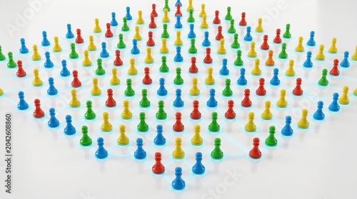 Colorful game pieces arranged in a grid symbolize business hierarchy and social network