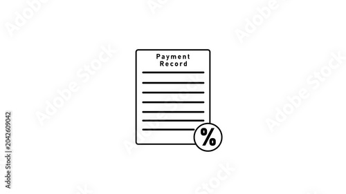 Minimalist line depicting a payment record document with horizontal lines and a percentage symbol in a circle on a white background. Keywords: payment, record, document, financial, finance