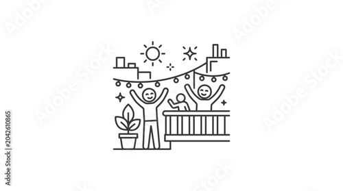 Картината върху платно Cheerful person on a balcony with festive bunting decoration.