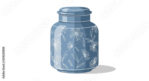 Fotografie Blue Ceramic Urn With White Floral Illustration