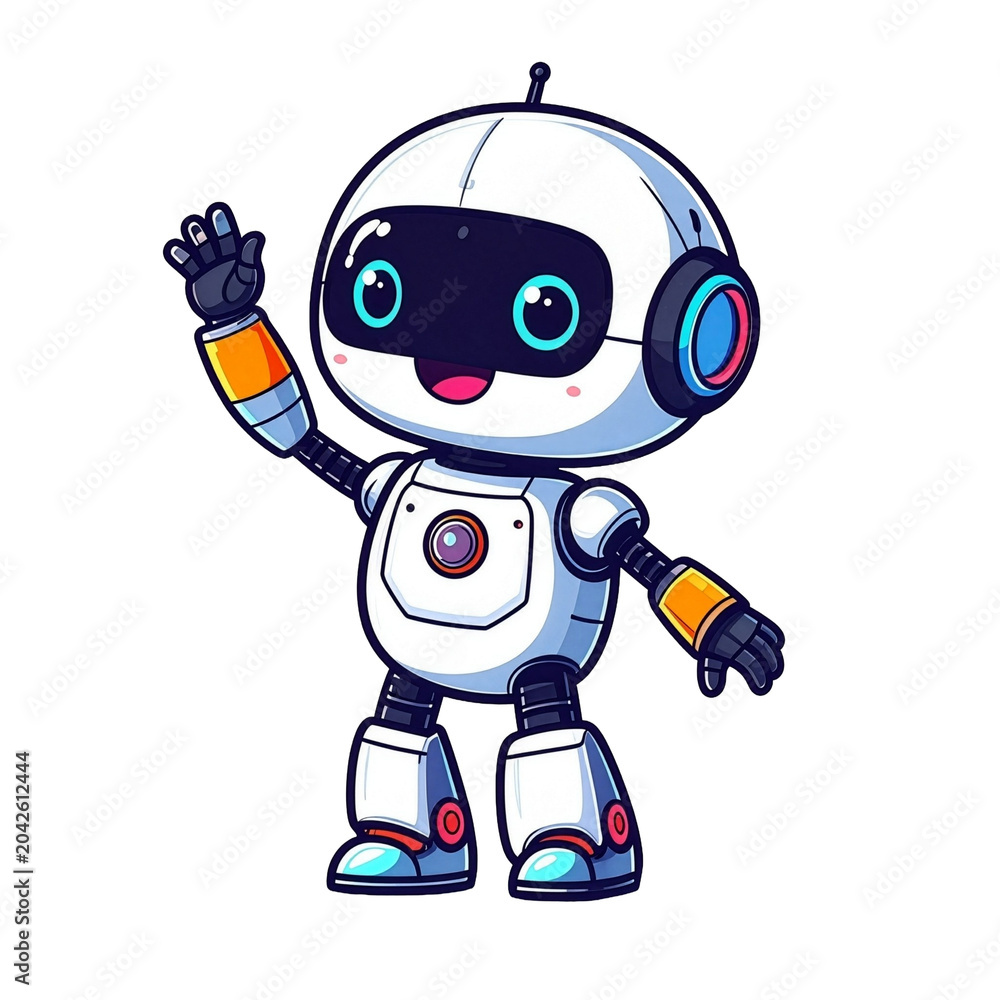 Fototapeta premium A cute, cartoon-style robot waving. It has large blue eyes, a friendly smile, and a white body with orange and blue accents. This robot is waving hello to the viewer