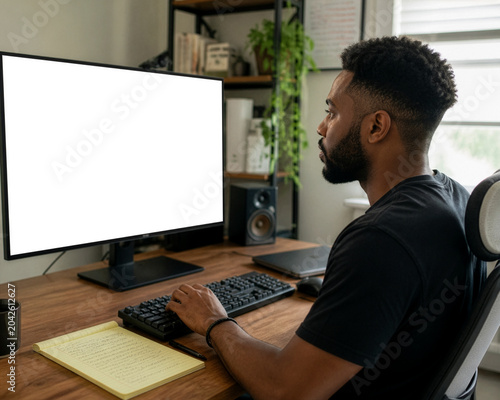 Young man working from home at computer desk with blank monitor

