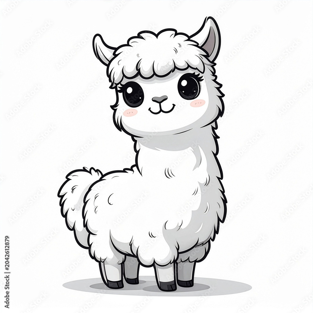 Naklejka premium A cute, fluffy white llama with big eyes, a small smile, and curly wool stands on four legs. The llama has tufts of wool on its head and a puffy tail