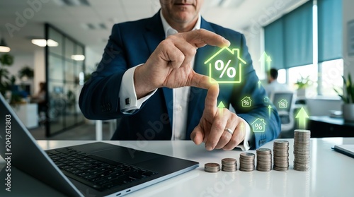 Man's hands symbolize property investment strategy and interest rate management with a glowing house and percentage icon amidst office finance