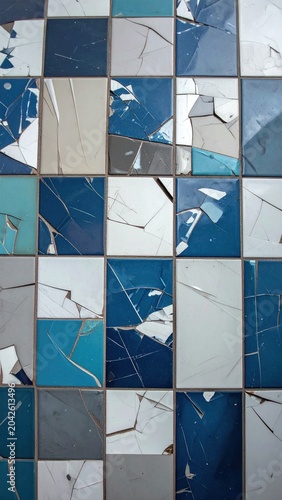 Abstract pattern of cracked blue and white ceramic tiles on a wall with vintage weathered texture and geometric mosaic arrangement