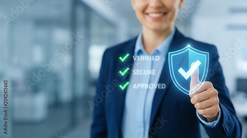Professional Businesswoman Confidently Presenting a Digital Security Shield and Verification Status, Symbolizing Trust and Data Protection in Modern Enterprise Technology Solutions