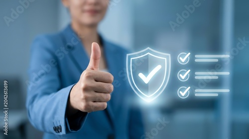 A professional gives a thumbs-up gesture with a glowing security shield icon, signifying trust and approval for safety and protection services