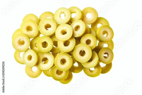 pile of pitted green olives, sliced ​​into rings isolated on white background, top view.