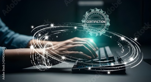 Professional certification emblem displayed on a digital platform, representing excellence, verified credentials, compliance, and trusted standards.