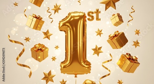 Golden number one balloon with gift boxes and stars