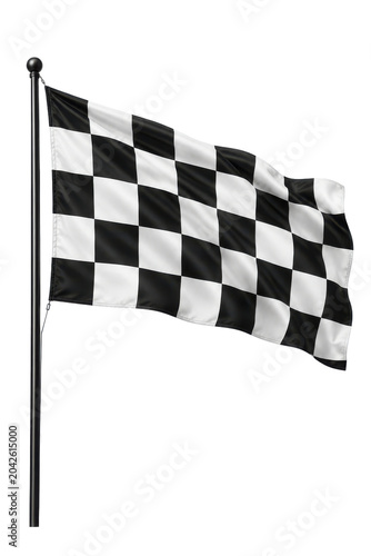 A black and white checkered flag waves on a pole against a plain white background
