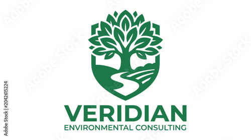 Green shield logo with tree and landscape, vector graphic element