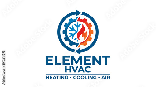 HVAC logo with heating and cooling symbols inside gears, vector illustration