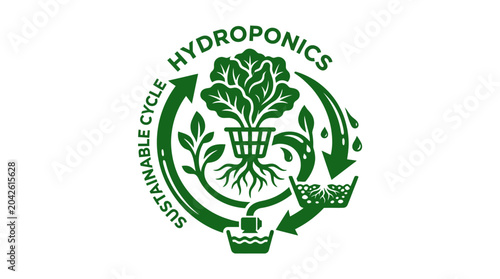 Konstfotografi Hydroponics sustainable cycle vector illustration with plant roots in water syst