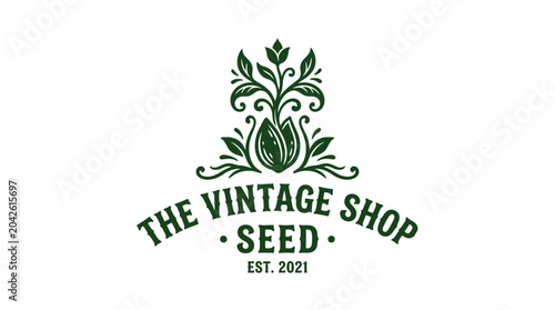 Vintage seed shop logo with organic plant illustration and text