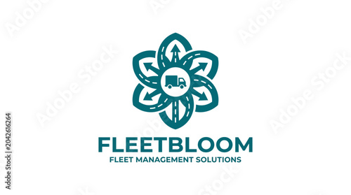 Fotografie Vector logo for fleet management, featuring a truck icon within a circular road design with arrows, on a white background